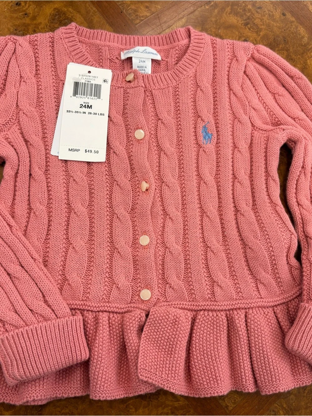 Ralph Lauren Pink Cable-Knit Peplum Cardigan